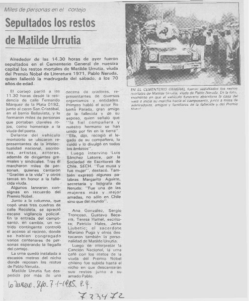 Sepultados los restos de Matilde Urrutia.