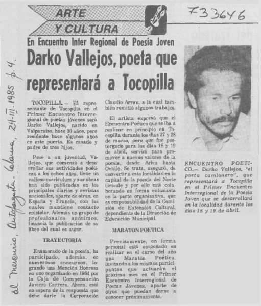 Darko Vallejos, poeta que representará a Tocopilla.