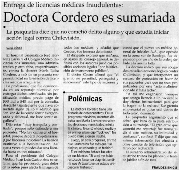 Doctora Cordero es sumariada