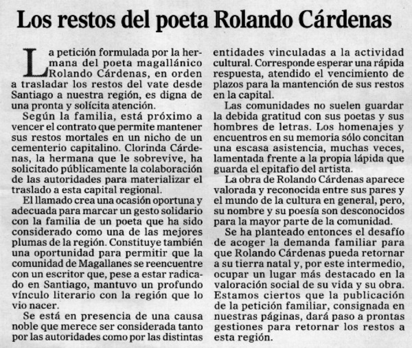 Los restos del poeta Rolando Cárdenas.