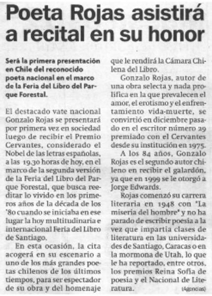 Poeta Rojas asistirá a recital en su honor.
