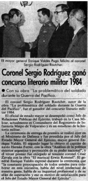 Coronel Sergio Rodríguez ganó concurso literario militar 1984.