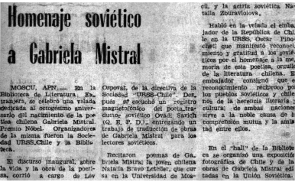 Homenaje soviético a Gabriela Mistral.