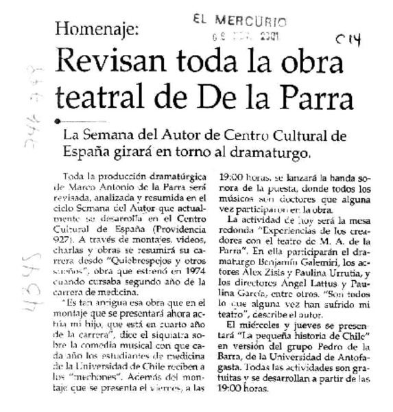 Revisan toda la obra teatral de De la Parra.