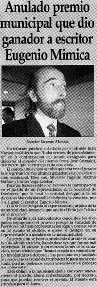 Anulado premio municipal que dió ganador a escritor Eugenio Mimica.