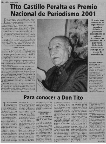 Tito Castillo Peralta es Premio Nacional de Periodismo 2001.