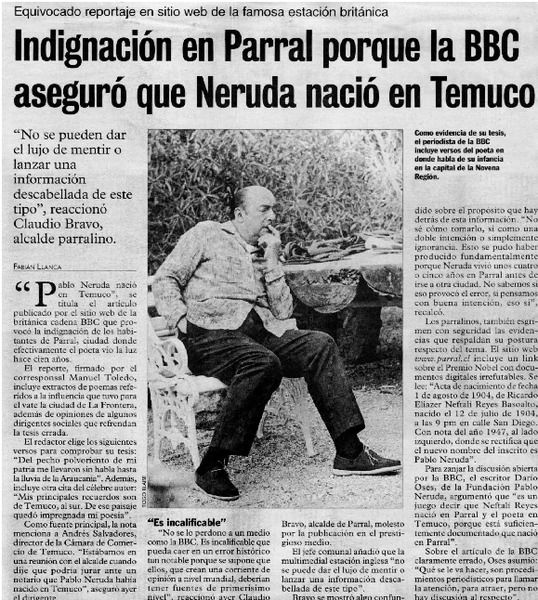 Indignación en Parral porque la BBC aseguró que Neruda nació en Temuco