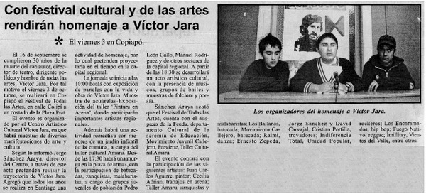 Con festival cultural y de las artes rendirán homenaje a Víctor Jara