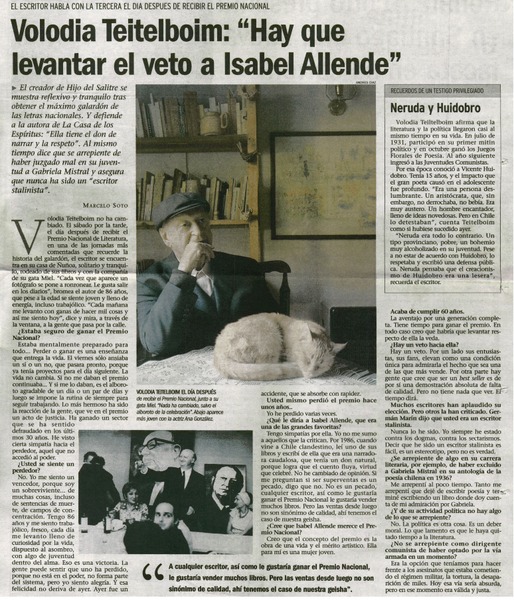 Volodia Teitelboim : "Hay que levantar el veto a Isabel Allende"