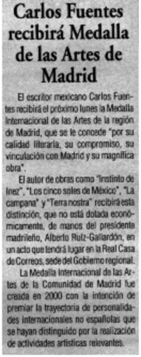 Carlos Fuentes recibirá Medalla de las Artes de Madrid.