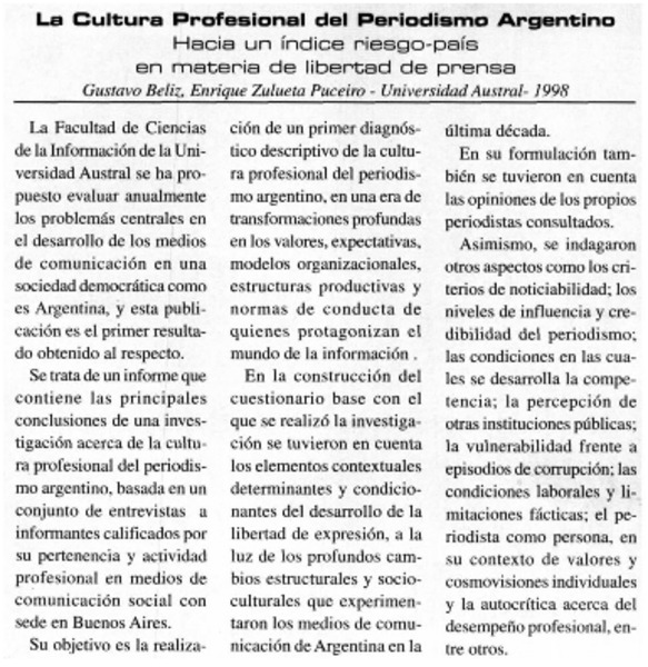 La cultura profesional del periodismo argentino.