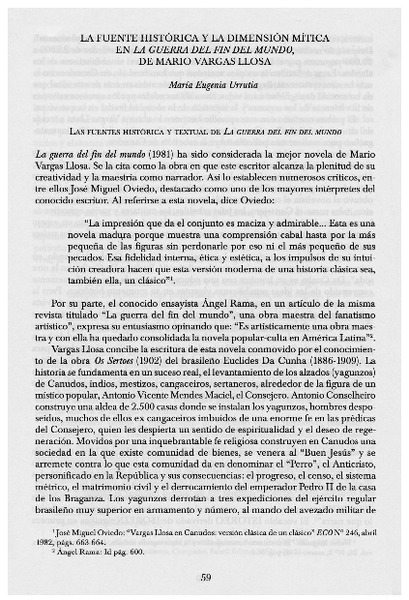 La fuente histórica y la dimensión mítica en La guerra del fin del mundo, de Mario Vargas Llosa