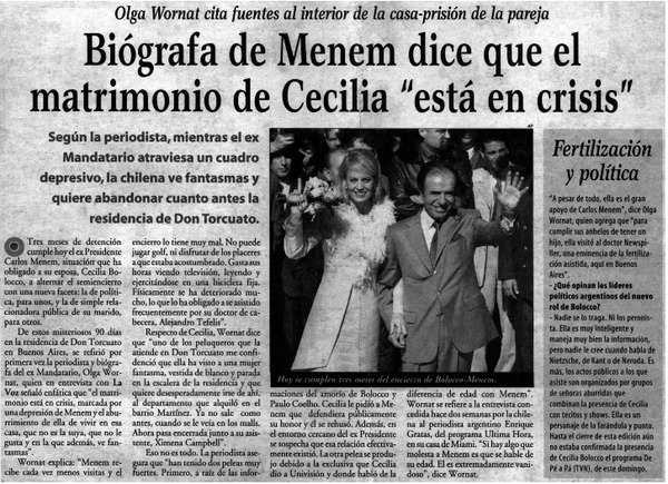 Biógrafa de Menem dice que el matrimonio de Cecilia "está en crisis".