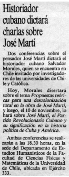 Historiador cubano dictará charlas sobre José Martí