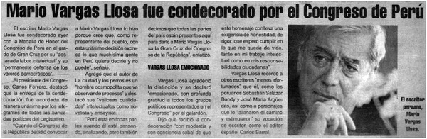 Mario Vargas Llosa fue condecorado por el Congreso de Perú