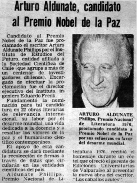 Arturo Aldunate, candidato al premio Nobel de la Paz.