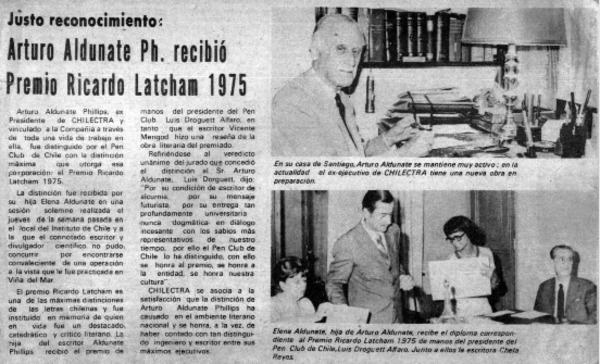Arturo Aldunate Ph. recibió Premio Ricardo Latcham 1975.