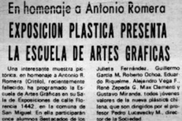 En homenaje a Antonio Romera, exposición plástica presenta la escuela de Artes Gráficas.