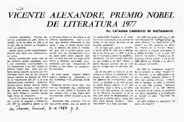 Vicente Alexandre, Premio Nobel de Literatura 1977