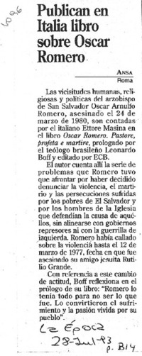 Publican en Italia libro sobre Oscar Romero.