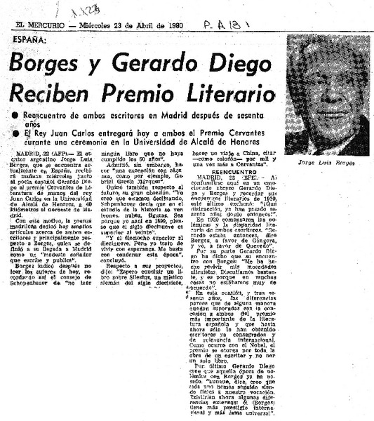 Borges y Gerardo Diego reciben Premio Literario.