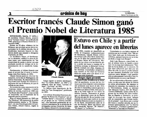 Escritor francés Claude Simon ganó el Premio Nobel de Literatura 1985.
