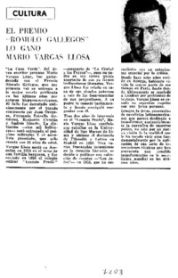 El Premio "Romulo Gallegos" lo gano Mario Vargas Llosa.