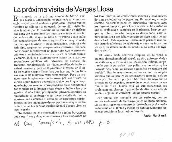 La próxima visita de Vargas Llosa