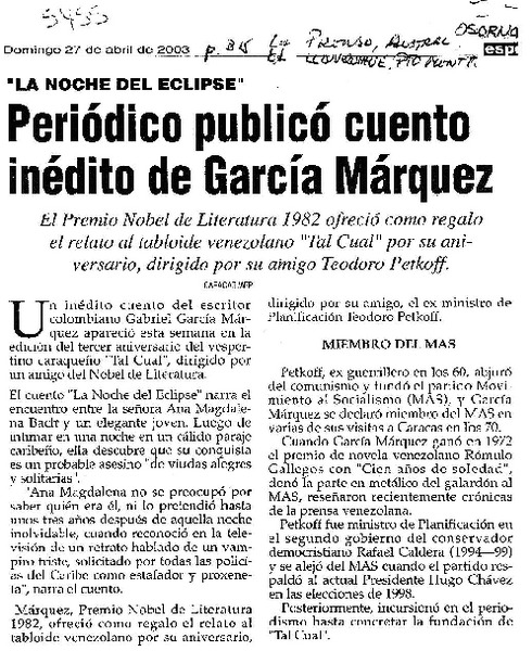 Periódico publicó cuento inédito de García Márquez "La Noche del Eclipse"