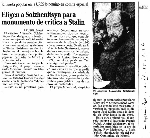 Eligen a Solzhenitsyn para monumento de crítica a Stalin