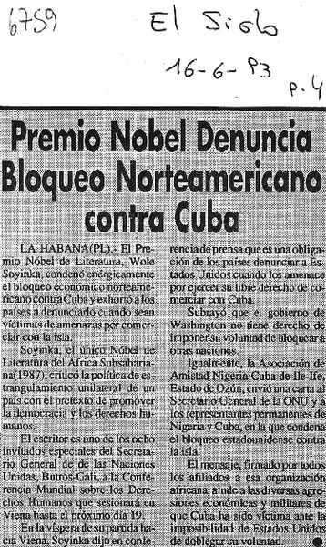 Premio Nobel denuncia bloqueo norteamericano contra Cuba