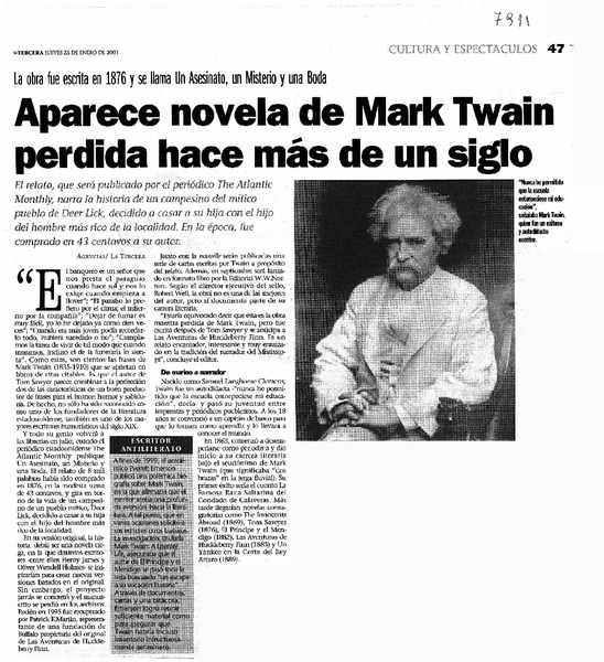 Aparece novela de Mark Twain perdida hace más de un siglo La obra fue escrita en 1876 y se llama Un Asesinato, un misterio y una boda