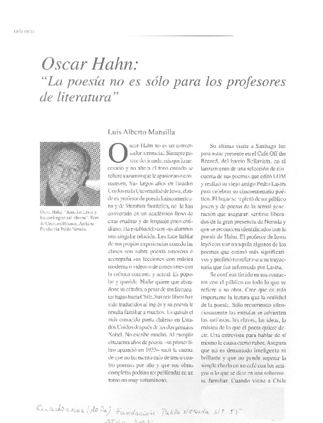 Oscar Hahn : "La poesía no es solo para los profesores de literatura" : [entrevista]