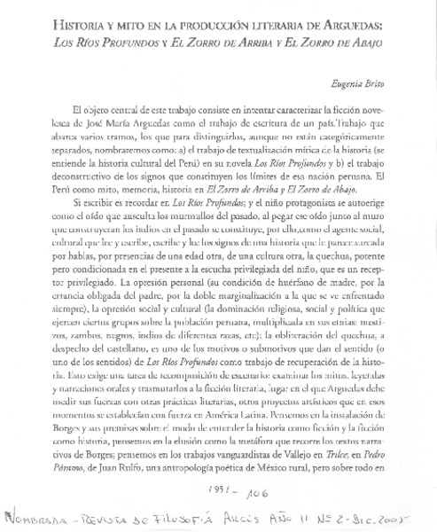 Historia y mito en la producción literaria de Arguedas: Los ríos profundos y El Zorro de arriba y el zorro de abajo