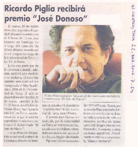 Ricardo Piglia recibirá premio "José Donoso"