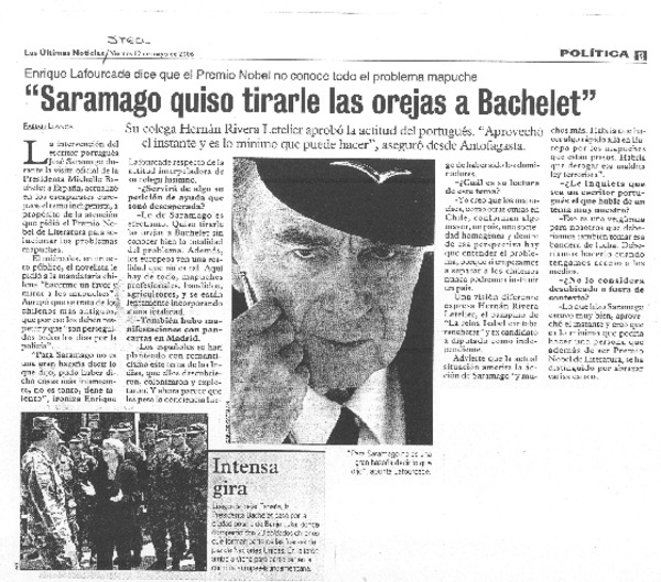 "Saramago quiso tirarle las orejas a Bachelet" [entrevista]