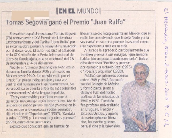 Tomás Segovia ganó el Premio "Juan Rulfo"