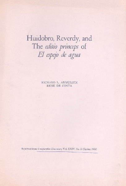 Huidobro, reverdy, and the editio princeps of El espejo de agua