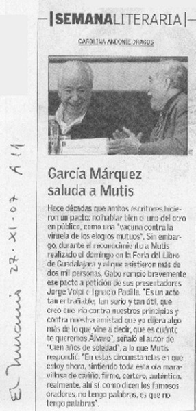 García Márquez saluda a Mutis