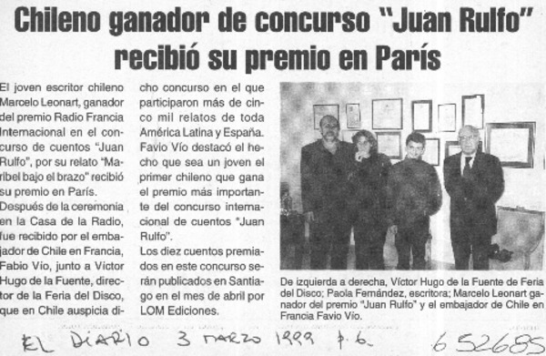Chileno ganador de concurso "Juan Rulfo" recibió su premio en París  <artículo>