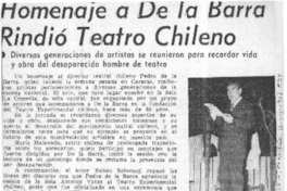 Homenaje a De la Barra rindió teatro chileno.  [artículo]