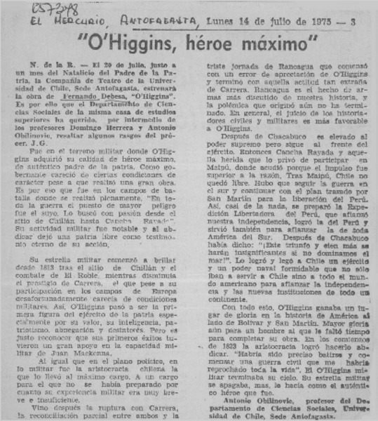 "O'Higgins, héroe máximo"  [artículo] Antonio Obilinovic.