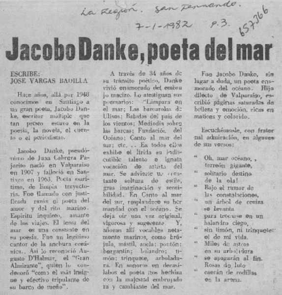 Jacobo Danke, poeta del mar  [artículo] José Vargas Badilla.