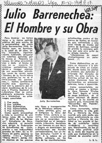 Julio Barrenechea, el hombre y su obra  [artículo] L. S. L.