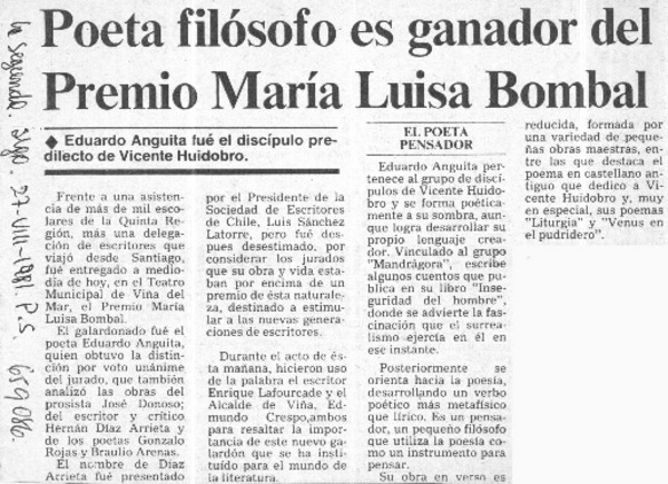 Poeta filósofo es ganador del Premio María Luisa Bombal.  [artículo]