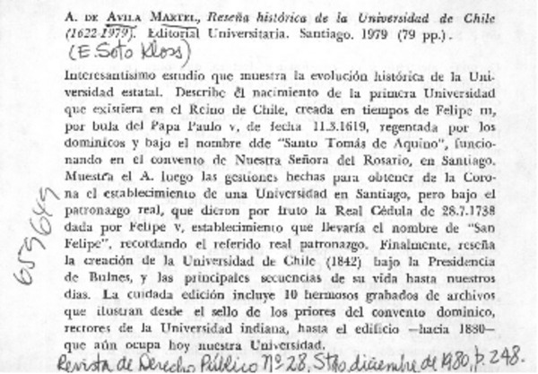 Reseña histórica de la Universidad de Chile  [artículo] E. Soto Kloss.