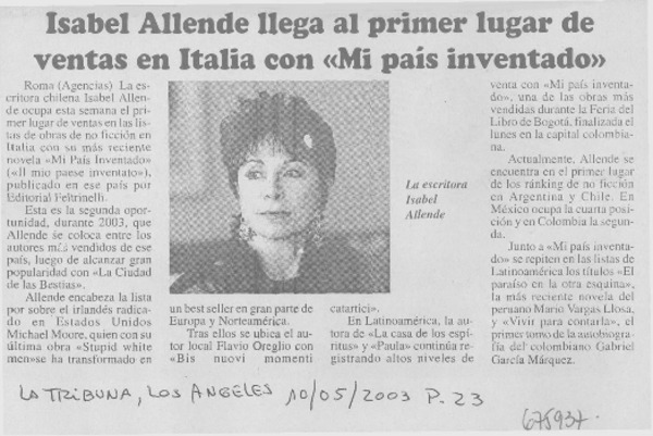 Isabel Allende llega al primer lugar de ventas en Italia con "Mi país inventado".