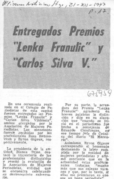 Entregados premio "Lenka Franulic" y "Carlos Silva V."