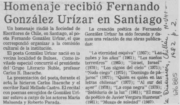 Homenaje recibió Fernando González Urízar en Santiago.