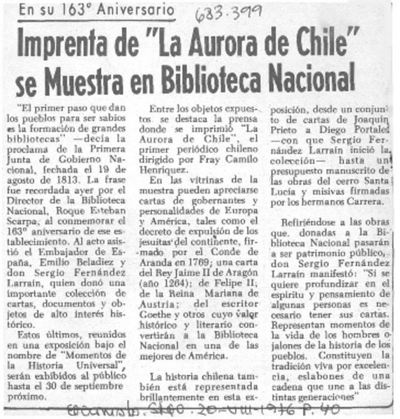 Imprenta de "La Aurora de Chile" se muestra en Biblioteca Nacional.